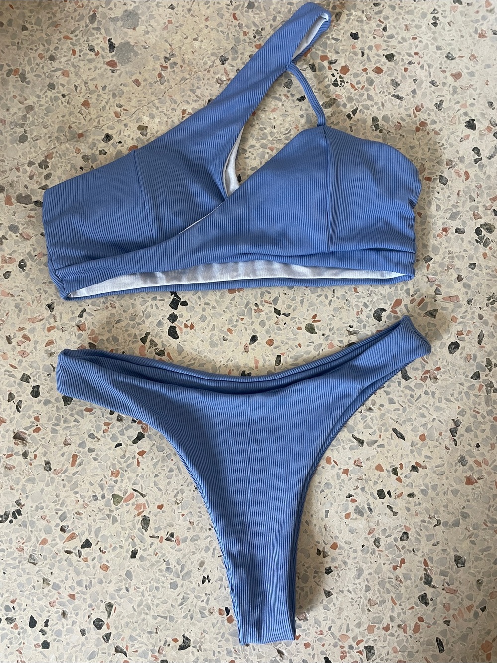 Ribbed One-Shoulder Bikini Set in Periwinkle Blue - Women's Swim